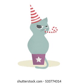 Cat in festive hat sitting in gift box. Cat with party horn.Vector illustration
