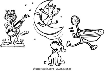 Cat and fiddle  cow jumped over the Moon  little dog laughed  dish ran away and the spoon  Black   white cartoon drawing 