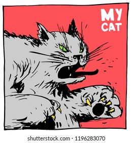 Cat fighter and bully. Color comic image for packaging and publishing.Color vector illustration. Can be used in social networks, for articles, publications, postcards, print, poster, sticker.