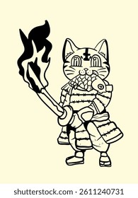 cat fighter with japanese doodle style