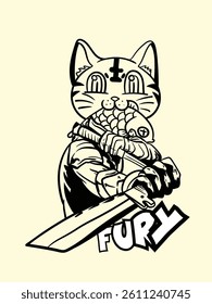 cat fighter with japanese doodle style