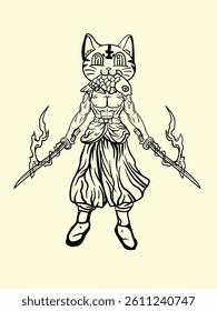 cat fighter with japanese doodle style