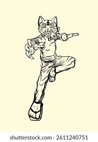 cat fighter with japanese doodle style
