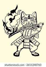 cat fighter with japanese doodle style