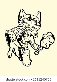 cat fighter with japanese doodle style