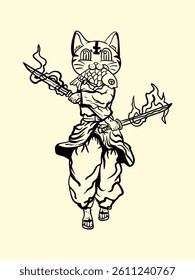 cat fighter with japanese doodle style