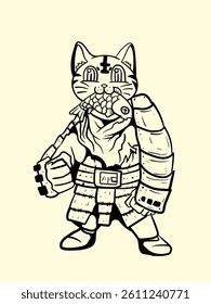 cat fighter with japanese doodle style