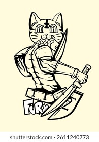 cat fighter with japanese doodle style