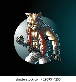 cat fighting fantasy in circle isolated on black