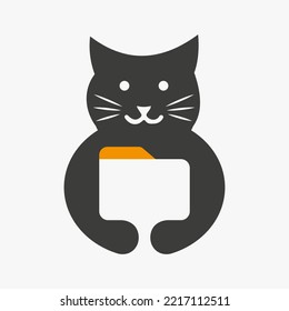 Cat File Logo Negative Space Concept Vector Template. Cat Holding File Manager Symbol