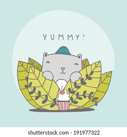 Cat find cupcake in greens. Vector hand drawn illustration 