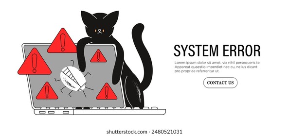 Cat finding, searching, looking for bugs, errors in program, system breakdown vector illustration. Tester or system administrator in quality assurance or security department. Software testing concept.