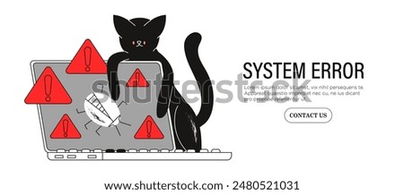 Cat finding, searching, looking for bugs, errors in program, system breakdown vector illustration. Tester or system administrator in quality assurance or security department. Software testing concept.