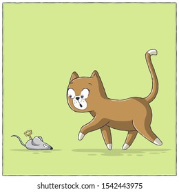 Cat finds toy mouse. Hand drawn vector illustration with separate layers.