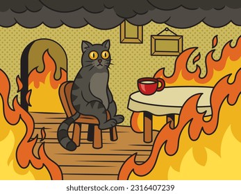 Cat in fire meme This is fine pinup pop art retro vector illustration. Comic book style imitation.
