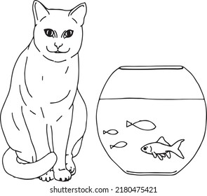 Cat and fish in aquarium, vector illustration 