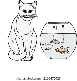 Gatos y peces en acuario, ilustración vectorial 