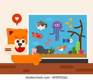 Cat and fish in aquarium vector illustration flat design