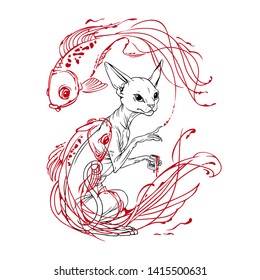 Cat and Fish, Black cat and red fish, Cat is thinking about fish, Tattoo design
