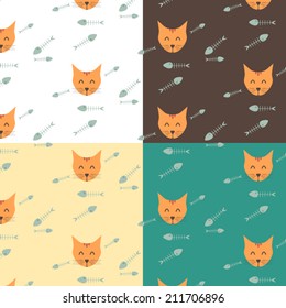 Cat and fish bone in color background,vector background set 