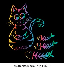 Cat and Fish Bone. Hand drawing illustration.