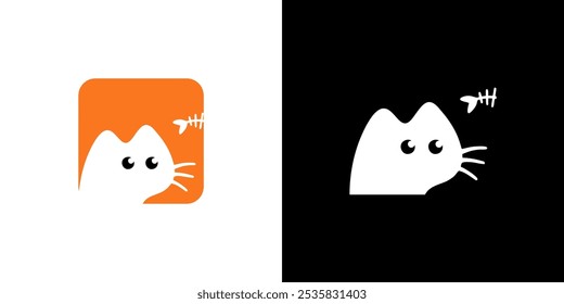 Cat with fish bone icon logo background vector cartoon design isolated