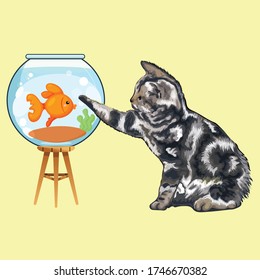 Cat With Fish Bowl.vector Illustration.