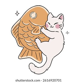 Cat with a fish cake cartoon illustration 