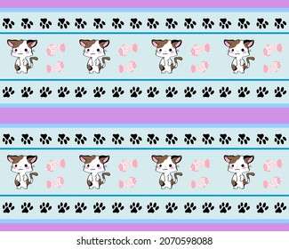 Cat and fish cartoon characters on blue background	