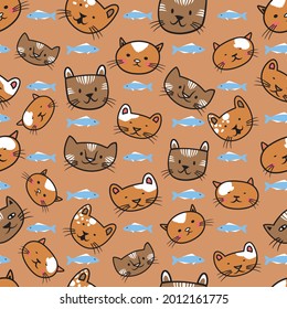 cat and fish cartoon decorative seamless pattren vector