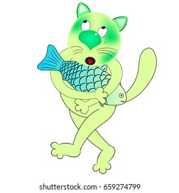cat and fish cartoon vector illustration. kitten with big fish comic cartoon vector illustration.