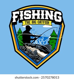 Cat Fish catch by Fisherman in Colorful Vector Cartoon Illustration for sticker badge emblem t-shirt banner invitation