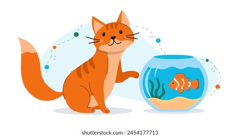 Cat and fish concept. Orange kitten sitting near aquarium with water. Domestic animals and pet. Wildlife fauna, sea world with algae. Cartoon flat vector illustration isolated on white background