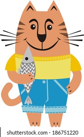Cat with fish cute cartoon vector illustration