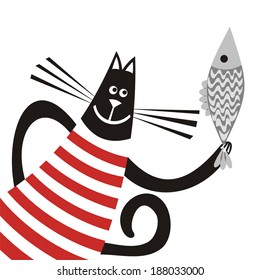 Cat with fish cute cartoon vector illustration