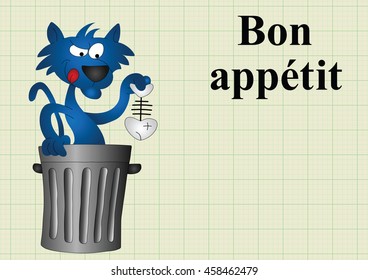 Cat with fish dinner bon appetit translates as enjoy your meal on graph paper background with copy space for own text