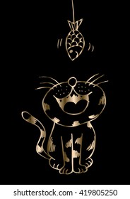 cat and fish with doodle style