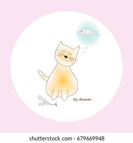 cat and fish in dream .Card, postcard, print design .