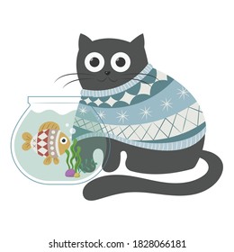 Cat and fish in fishbowl vector illustration cartoon isolated on white background. Winter cat and fish wearing winter sweater cartoon. Cat and fish in christmas winter season. 