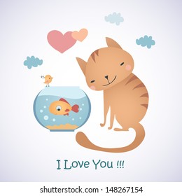 Cat and fish. Funny characters.