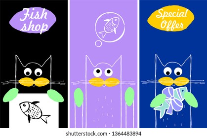 Cat with fish. Graphic elements for your design, logo, signboard. Vector illustration
