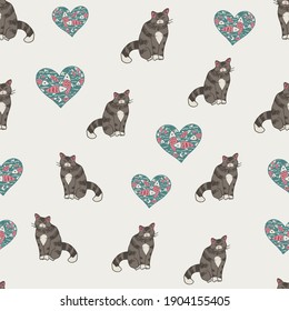 Cat and fish hearts vector seamless love romantic pattern