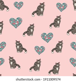 Corazón de gato y pez vectores de amor sin fisuras patrón romántico