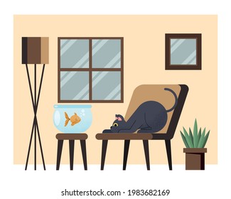 cat and fish in the house