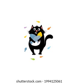 Katze mit Fischgrafik schwarz