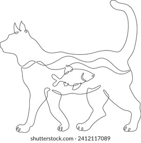 Cat with fish inside. Cat silhouette side view. The fish is swimming. Double exposure. Picture in picture.Continuous one line drawing. Lineart vector illustration.