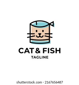 Design-Vorlage für Katzen- und Fischlogos. Modernes Haustier-Logo, Zeichen und Symbol. Kreative lineare Illustration für Tierklinik, Heimtierfutter, Marke usw. Tieretikett einzeln auf Hintergrund