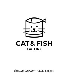 Cat and fish logo design template. Outline pet logotype, sign and symbol. Animal face label isolated on background. Graphic illustration for veterinary clinic, pet food, brand, etc