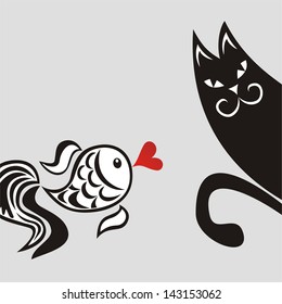 Cat and fish love cartoon vector illustration