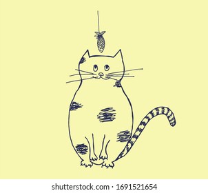 cat and fish on creme background. Vector hand drawn contour of cat dreaming about fish.